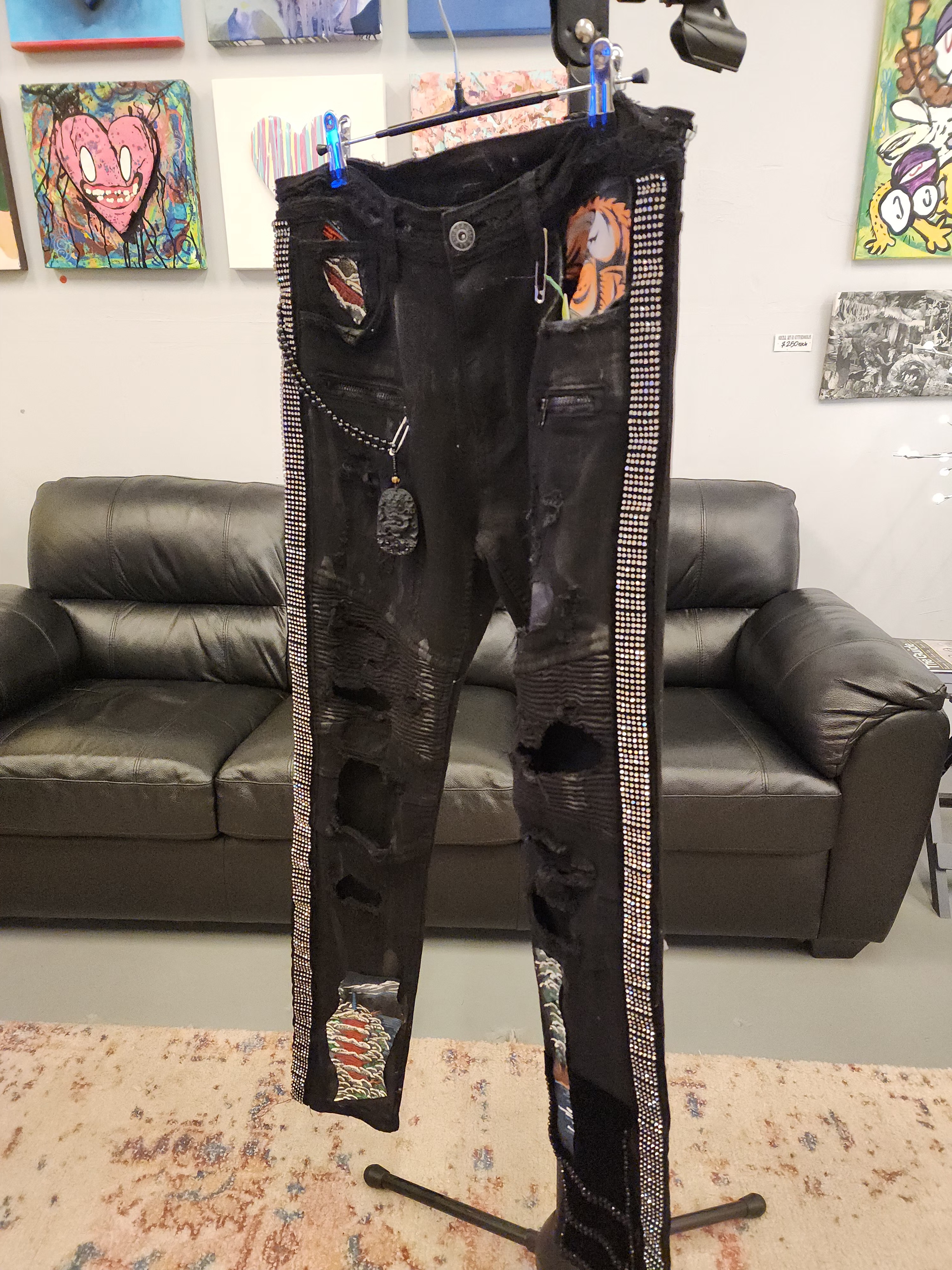 Black Skinny Men’s Jeans With Rhinestone Side Trim